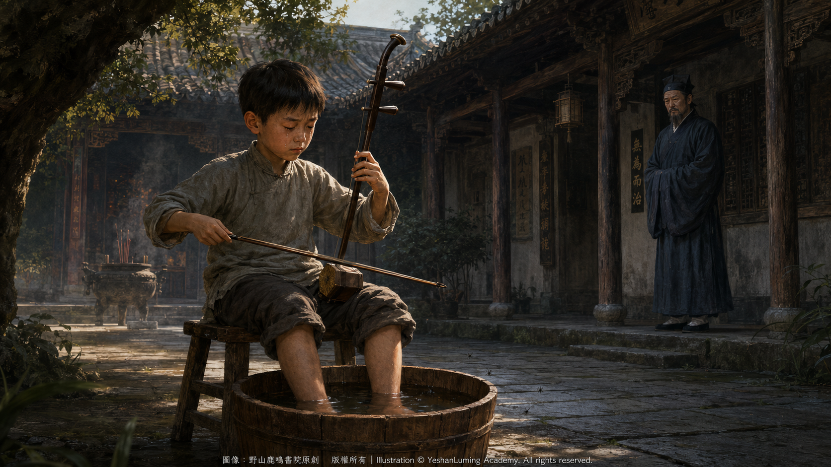 小阿炳雙腳泡在水桶中刻苦練習二胡,華清和在遠處含淚觀望