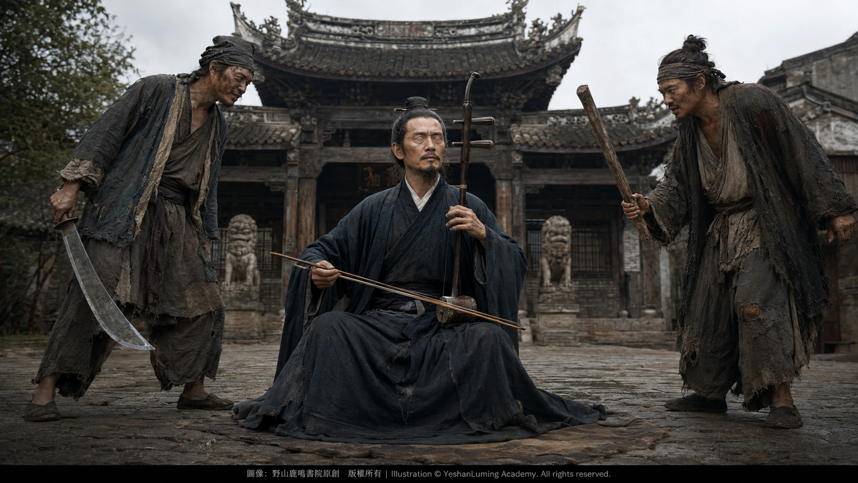 阿炳身著道袍在無錫崇安寺前拉二胡,面對丐幫之人的威脅仍不失尊嚴