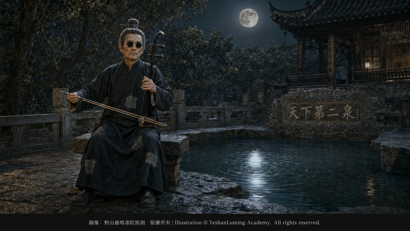 阿炳在月色下於無錫天下第二泉旁演奏二胡