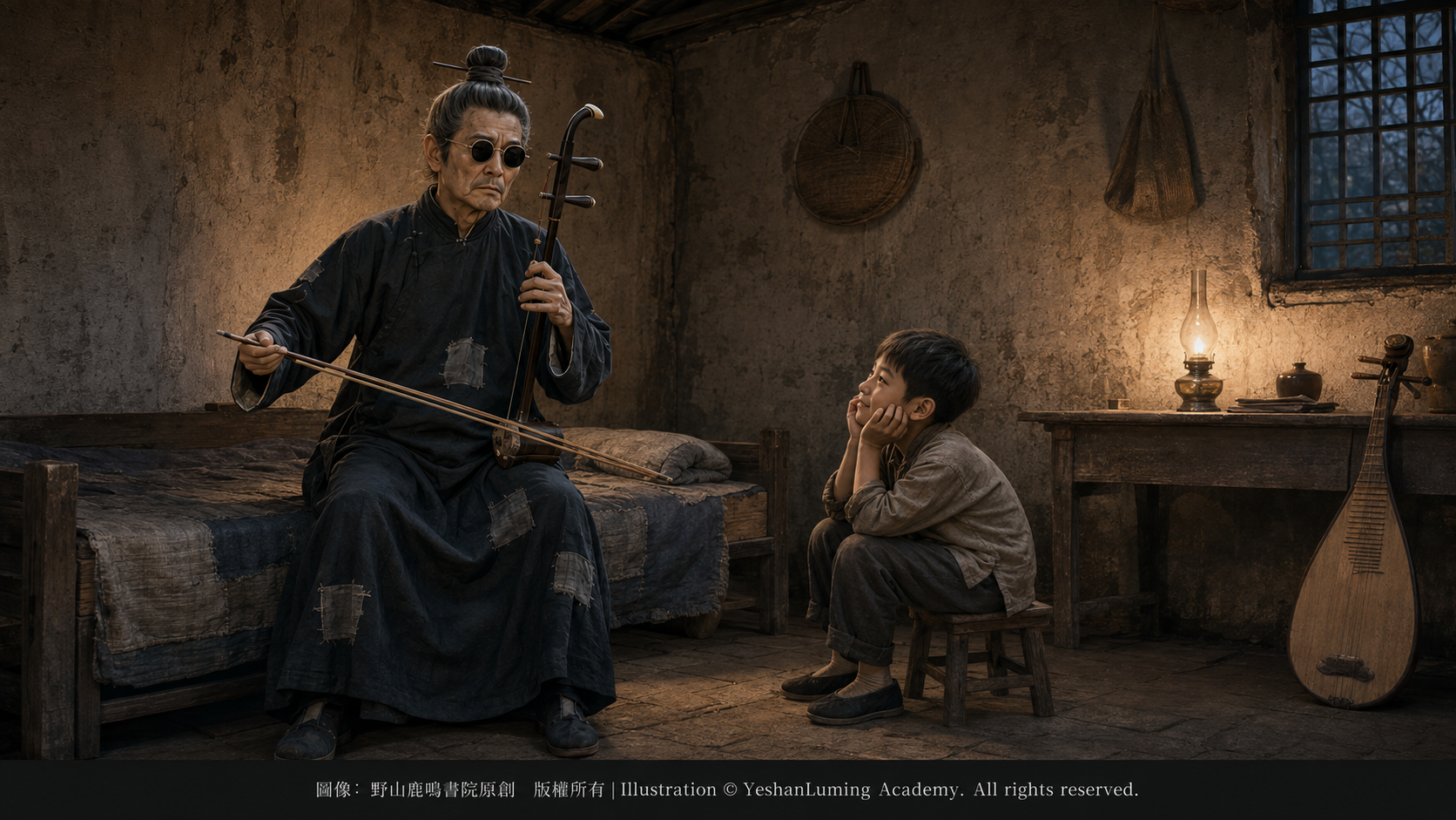 少年黎松壽在阿炳家中聆聽阿炳演奏二胡
