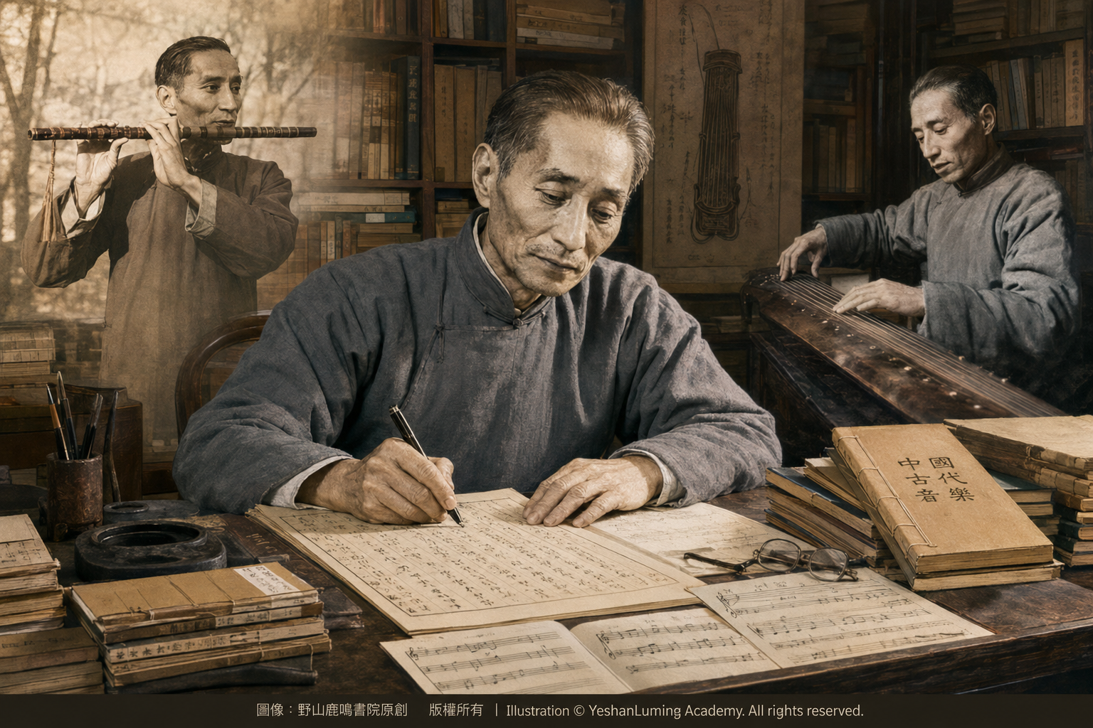 楊蔭瀏伏案撰寫《中國古代音樂史稿》