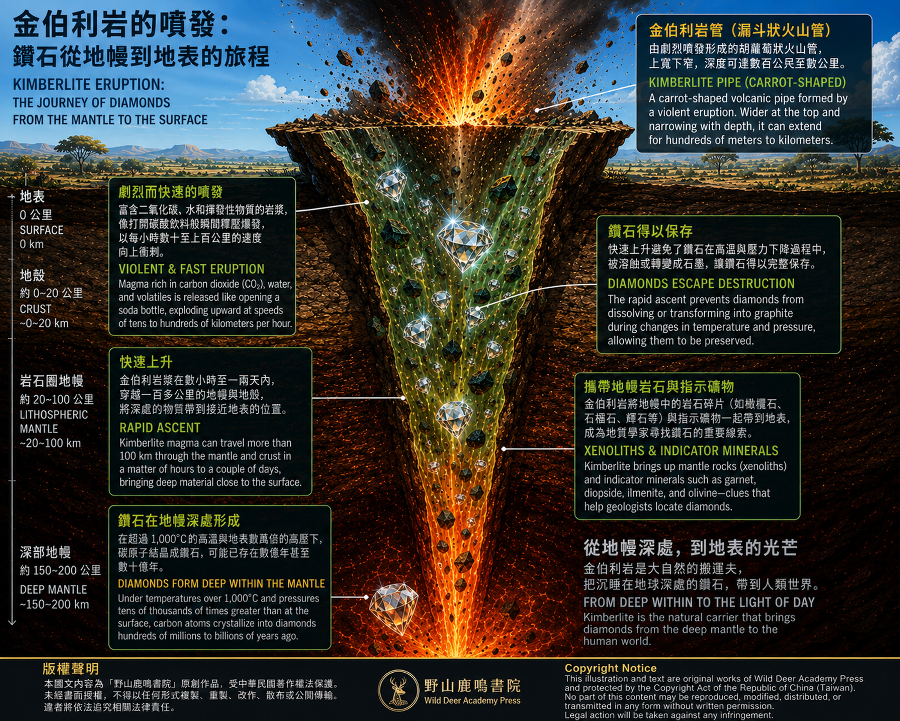 金伯利岩管將鑽石從地幔帶向地表的科學圖示