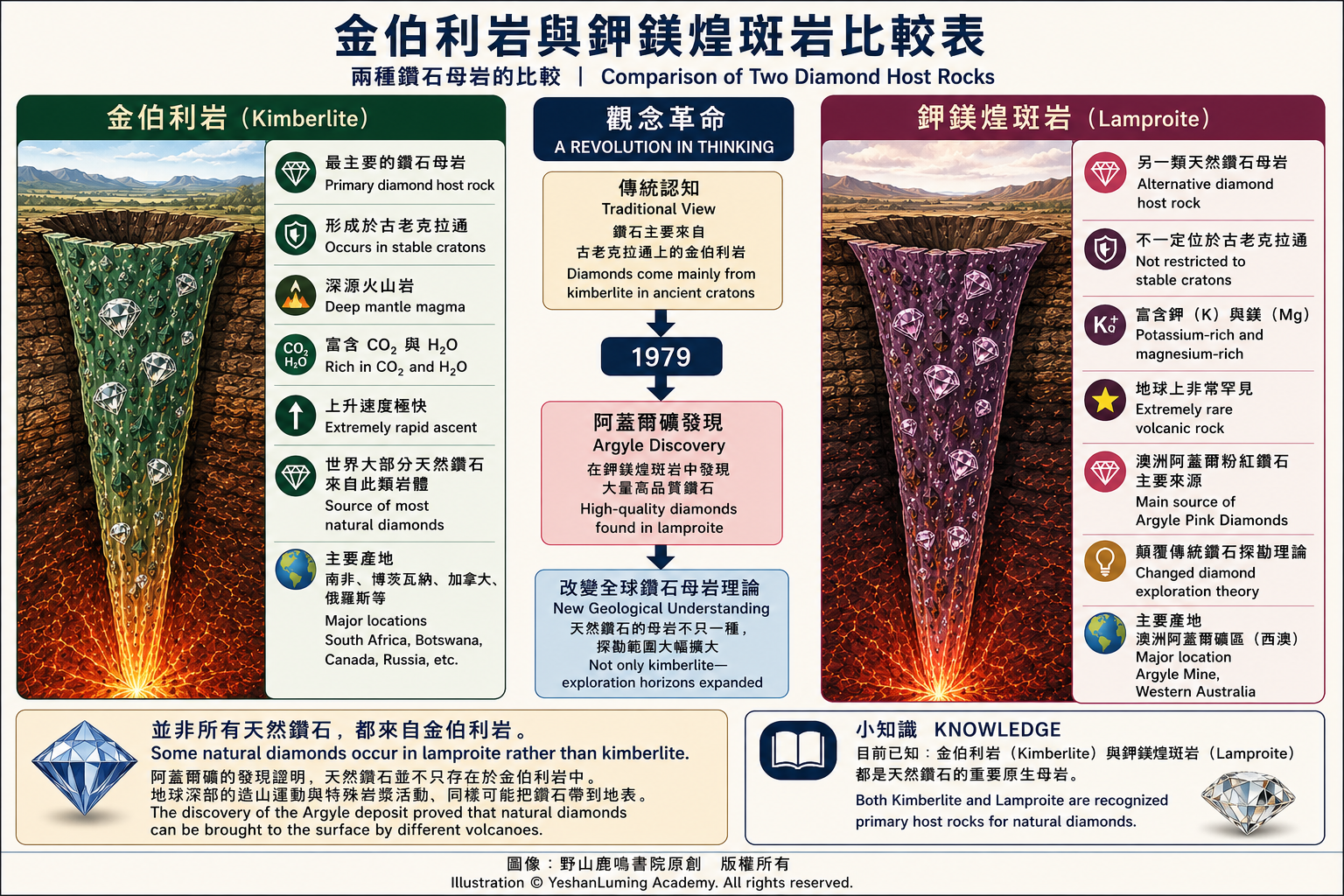 金伯利岩與鉀鎂煌斑岩比較表|Comparison of Kimberlite and Lamproite