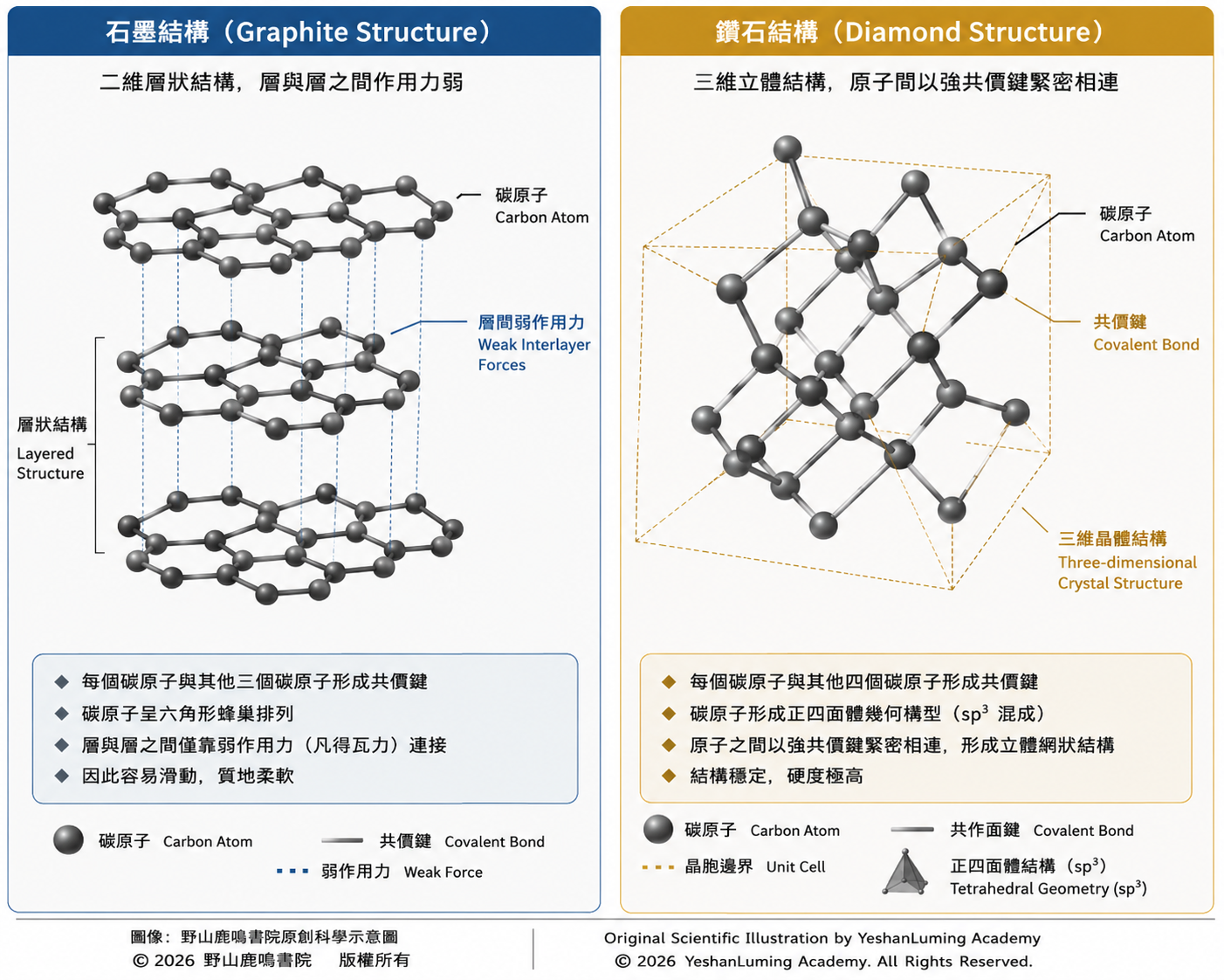 石墨層狀結構與鑽石三維晶體結構比較圖