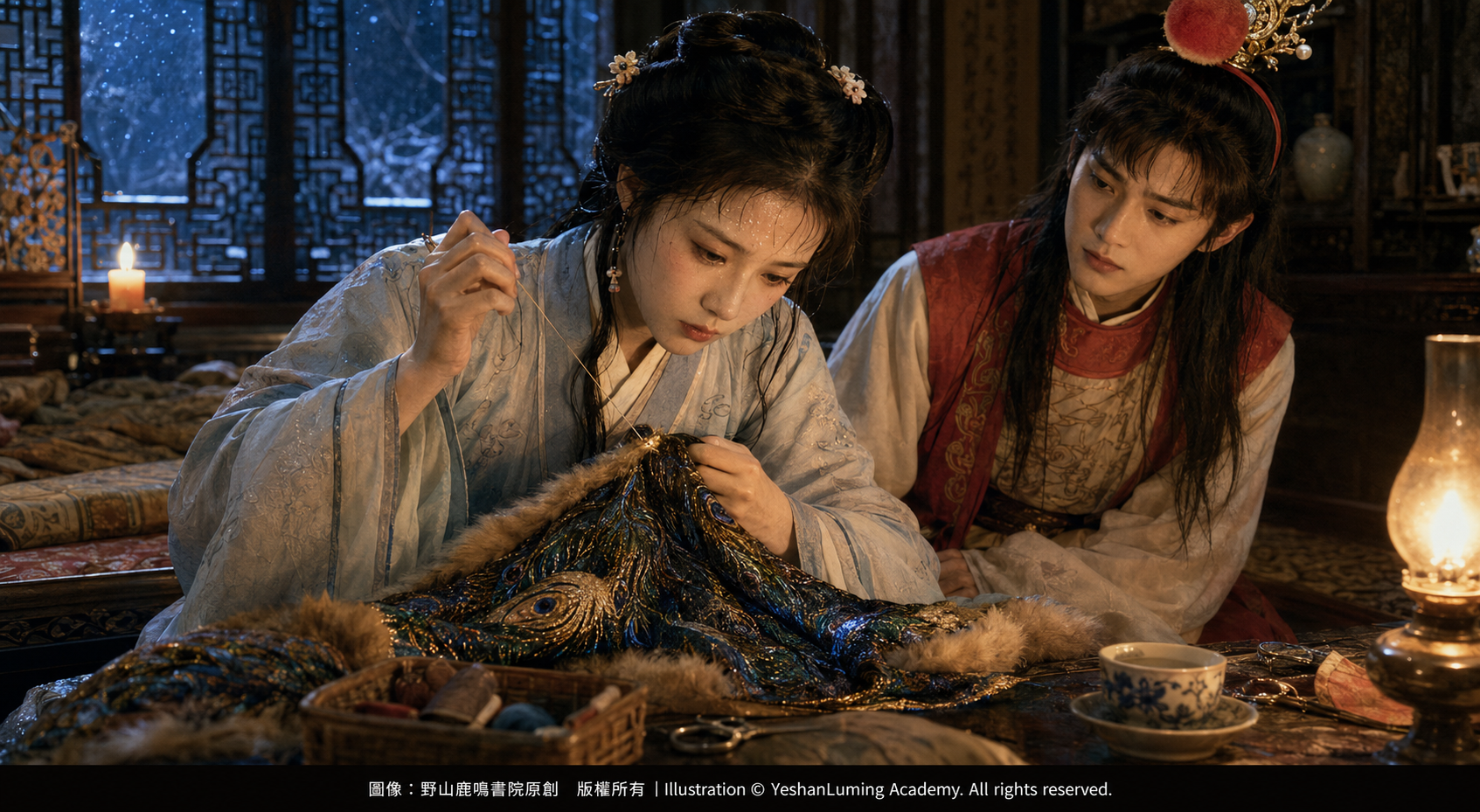 病中的晴雯在燈下補雀金裘，寶玉在旁心疼守候
