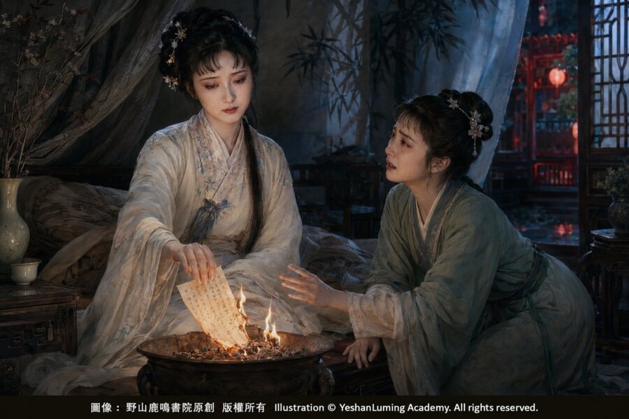 黛玉焚燒詩稿，紫鵑跪地含淚勸阻｜Daiyu burns her poems as Zijuan kneels beside her in tears