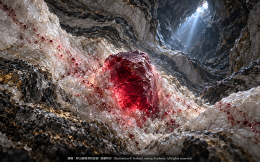 大理岩中形成的天然紅寶石晶體｜A natural ruby crystal forming in marble