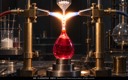 焰熔法合成紅寶石生產示意|Flame-fusion synthetic ruby production